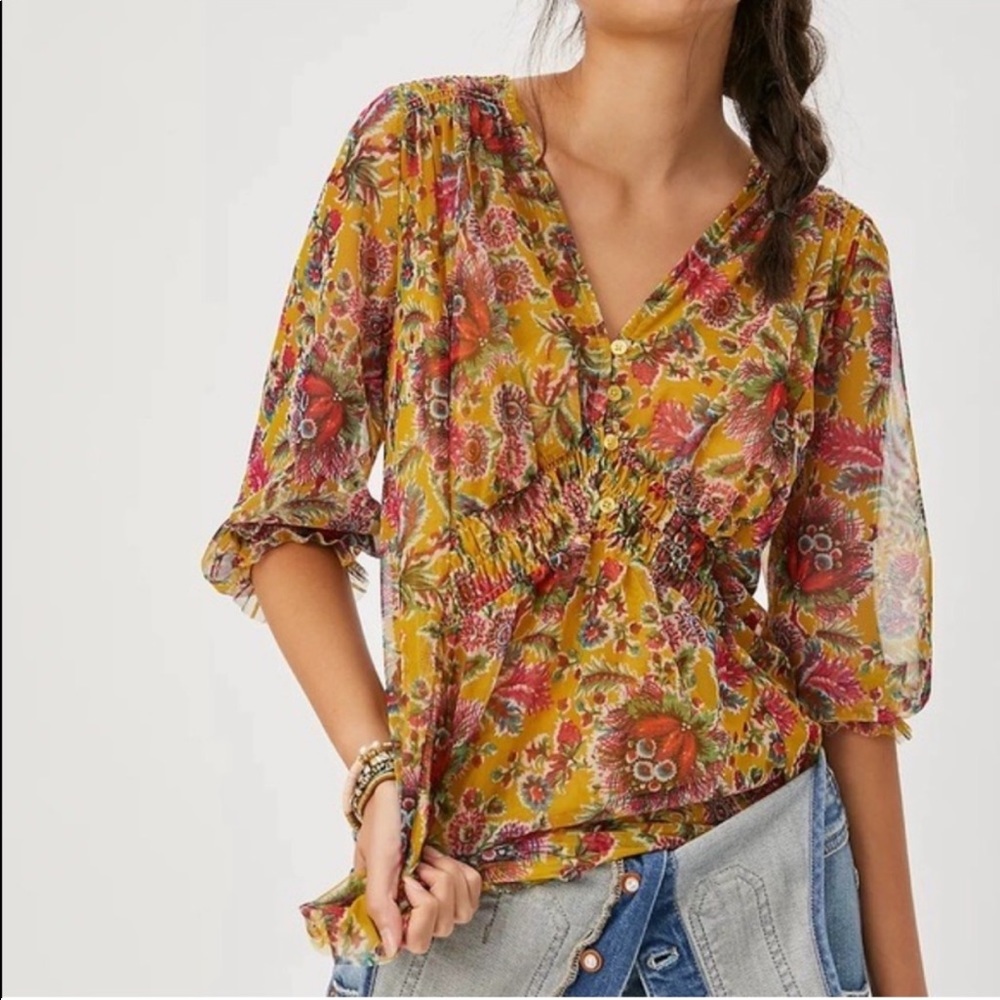 Anthropologie Floral Mesh Blouse Sz S EUC
